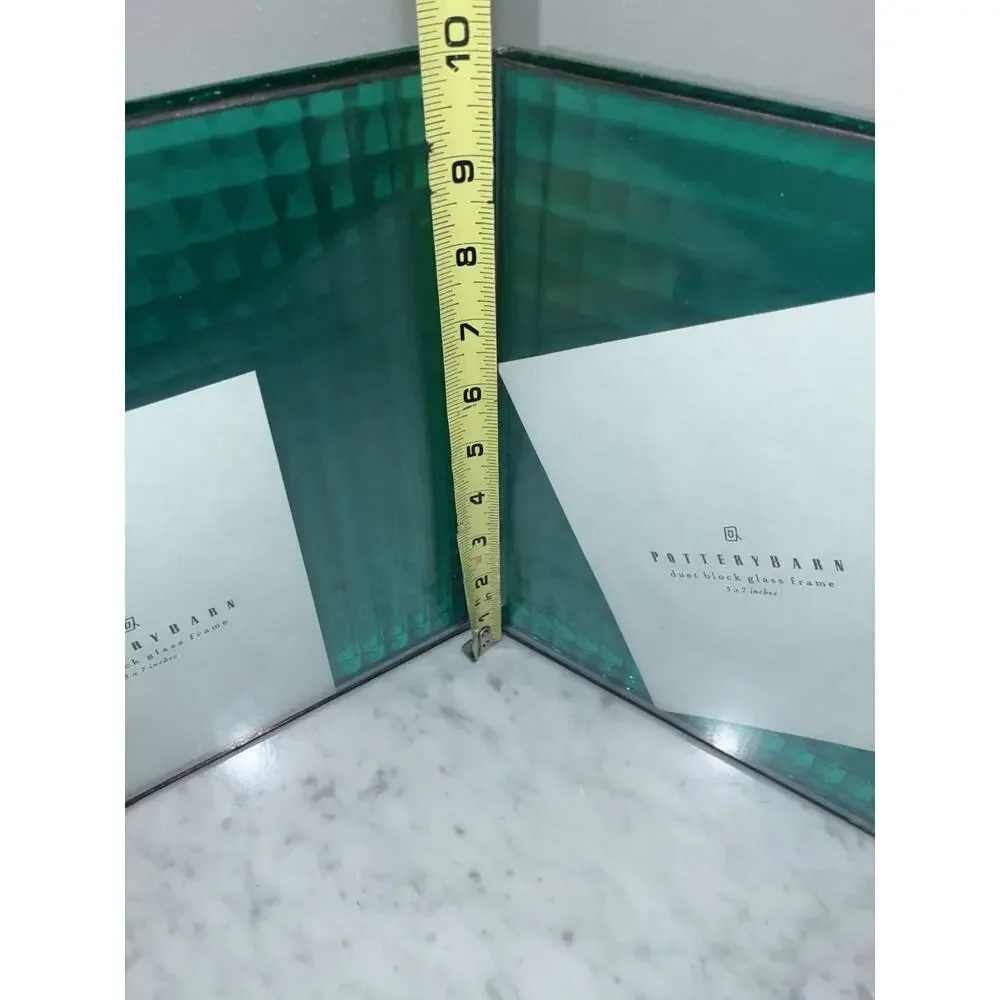 Pottery Barn Duet Block Glass Picture Frame Green Hinged Holds 2 5X7 Photo
